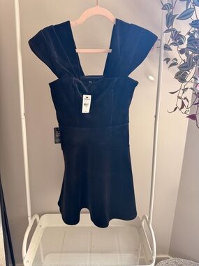 Express Black Velvet Mini Dress with Structured V-Neck Shoulders
